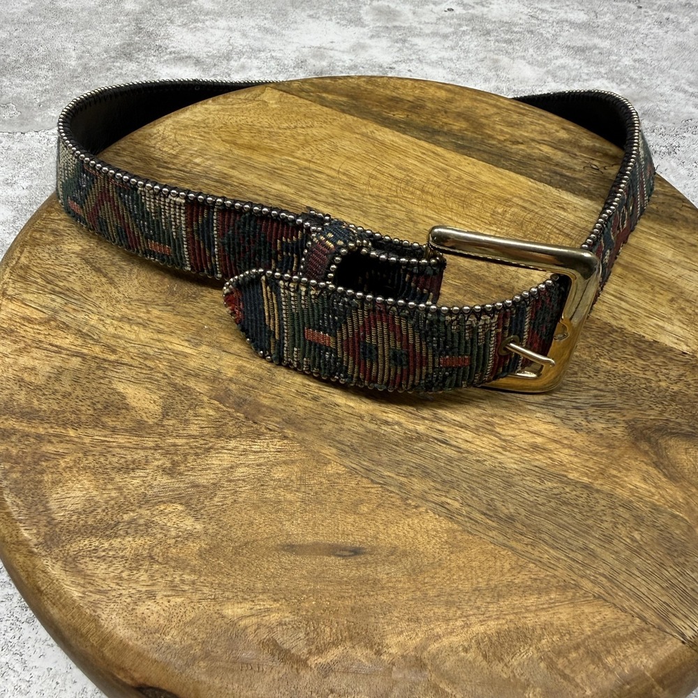 Beaded Leather Belt Womens SM Multicolor Southwestern Boho Wide Buckle 26-30 WT